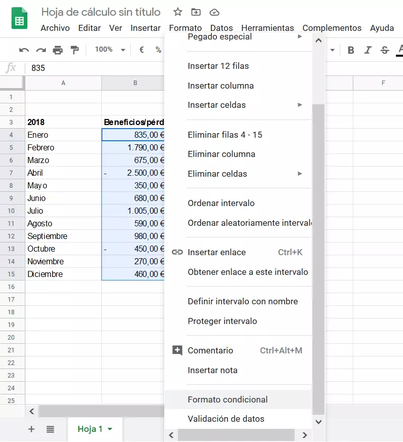 Imagen: Google Sheets: tabla con un rango seleccionado.