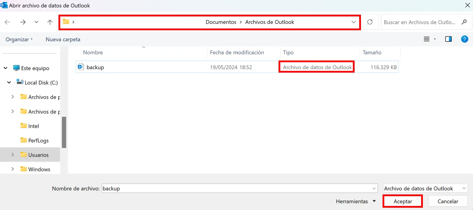 Lista de todos los archivos PST que contiene la carpeta de archivos de Outlook Imagen: Lista de todos los archivos PST que contiene la carpeta de archivos de Outlook