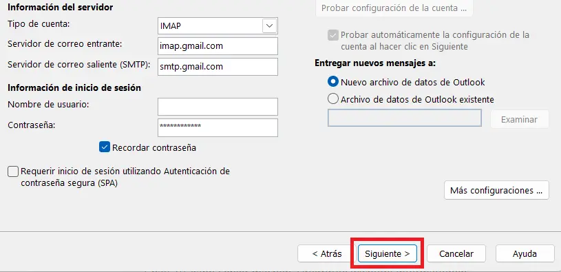 Información del servidor y de inicio de sesión en Outlook 365 Imagen: Información del servidor y de inicio de sesión en Outlook 365