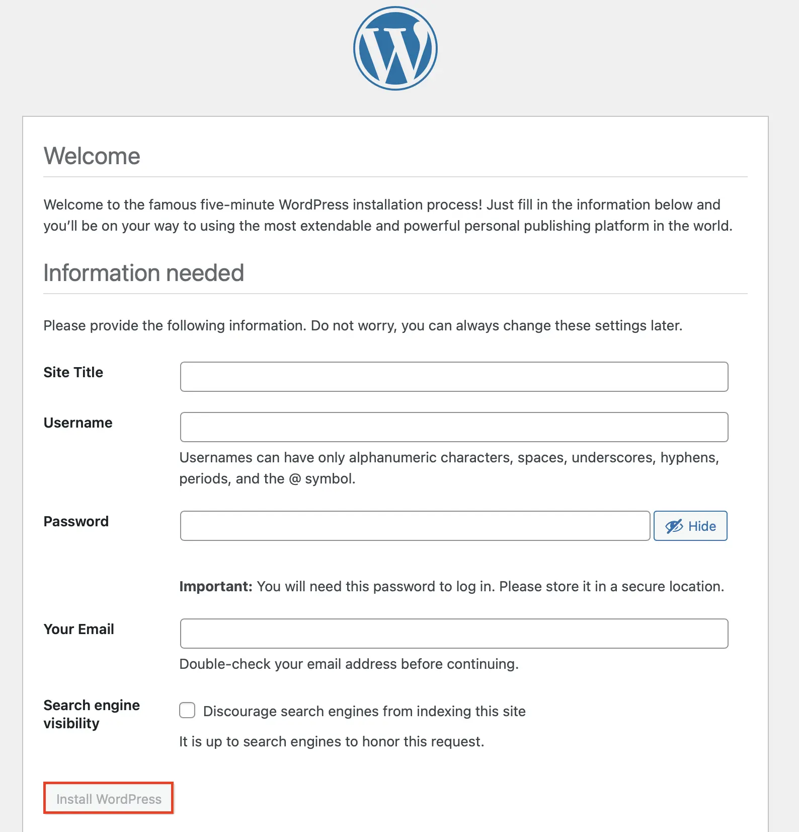 Imagen: Captura de pantalla de la instalación de WordPress: información sobre la página web de WordPress