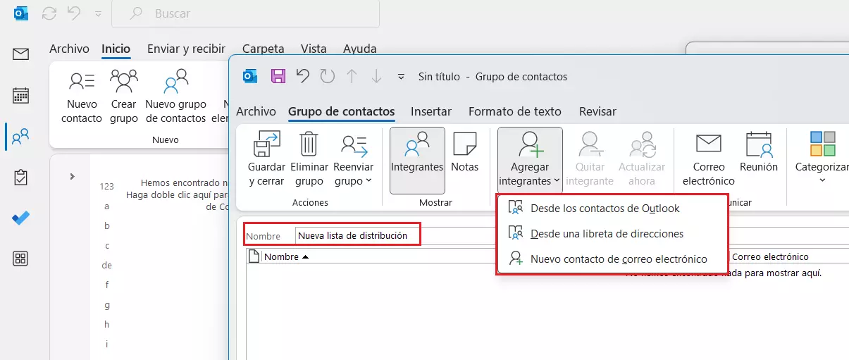 Lista de distribución de Outlook: agregar integrantes Lista de distribución de Outlook: agregar integrantes