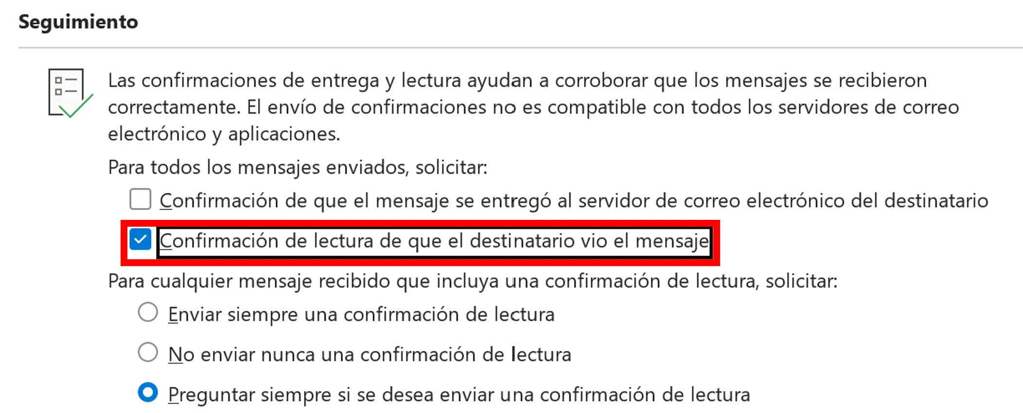 Imagen: Activar la confirmación de lectura de Outlook