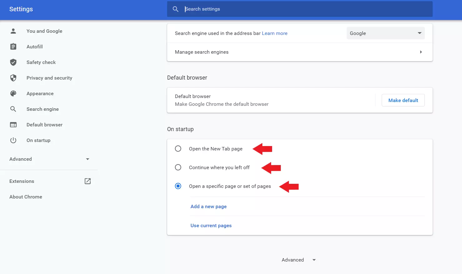 Imagen: Chrome ofrece tres opciones para cambiar tu página de inicio