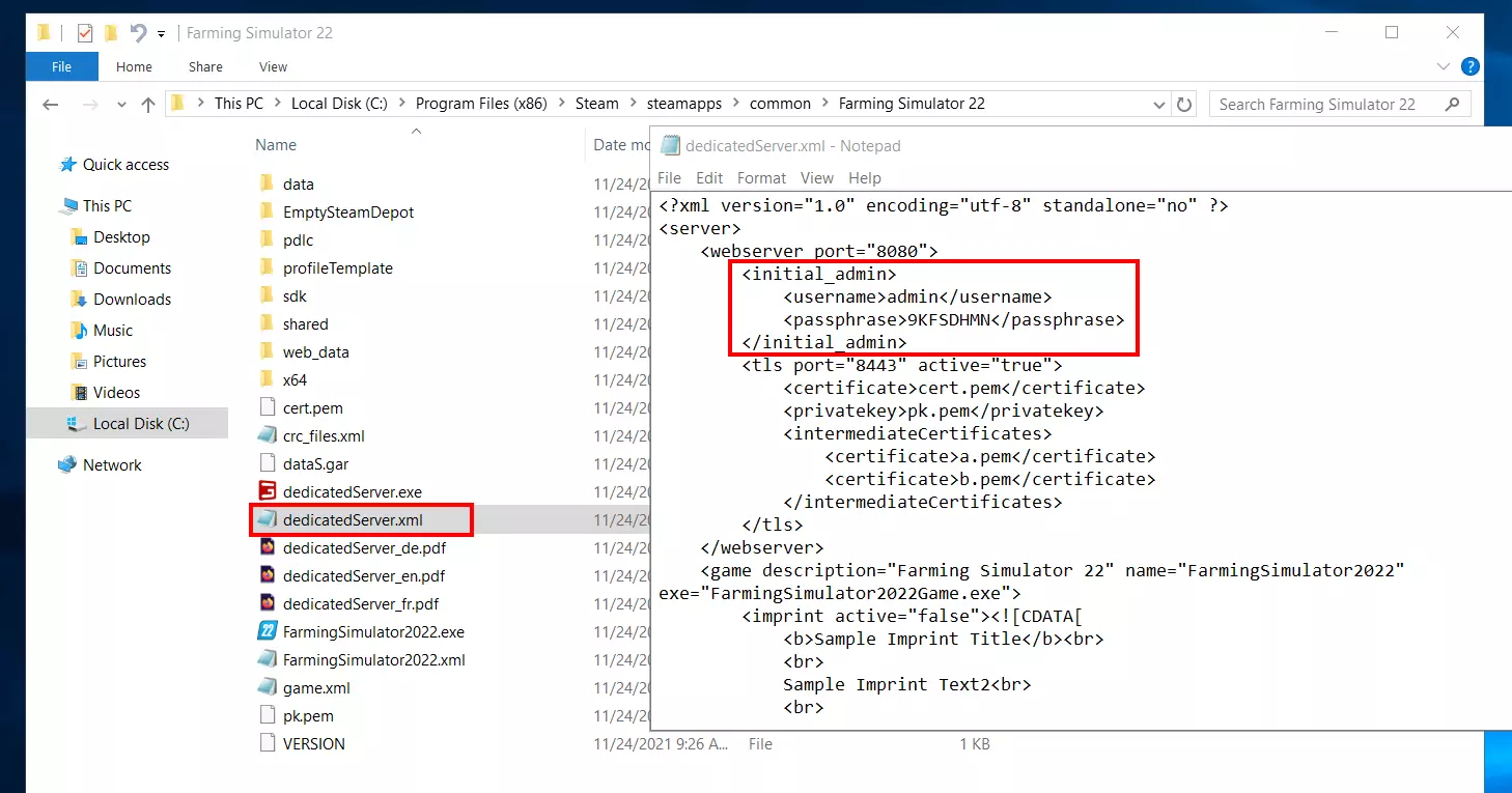 dedicatedServer.xml del Farming Simulator 22
