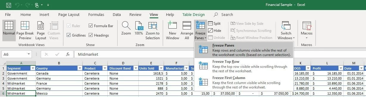 Imagen: Menú de la pestaña Vista en Excel 2016