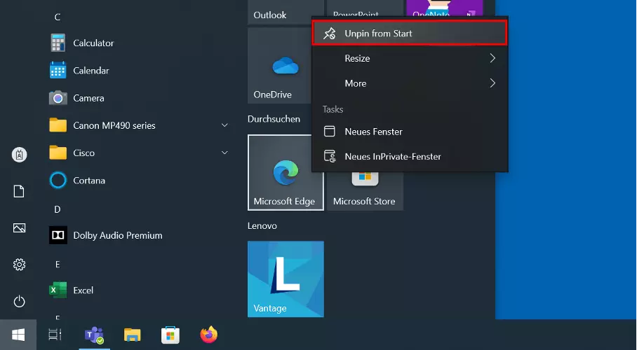 Imagen: Icono de Microsoft Edge en el menú Inicio de Windows