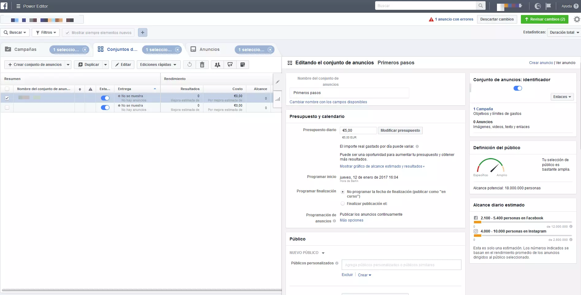 Captura de pantalla del programa Power Editor de Facebook