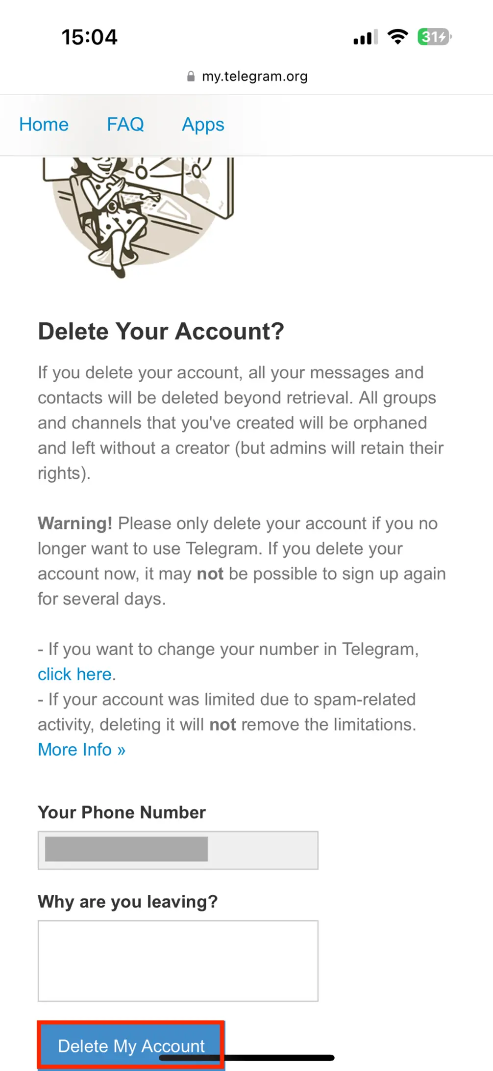 Página de Telegram: confirmar “Eliminar la cuenta” Imagen: Página de Telegram: confirmar “Eliminar la cuenta”