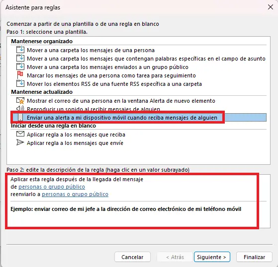 Imagen: Asistente para reglas en Outlook: selección de plantilla de reglas