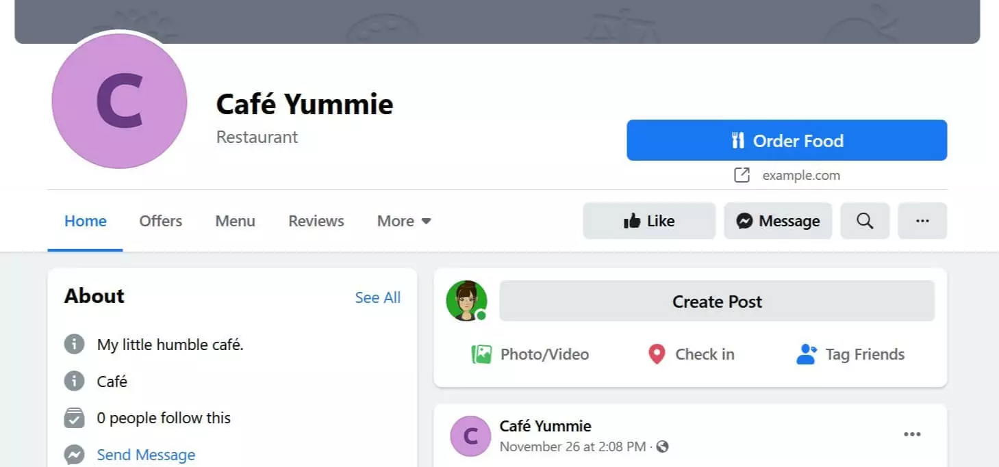 Perfil de Facebook con el botón de “Hacer pedido”