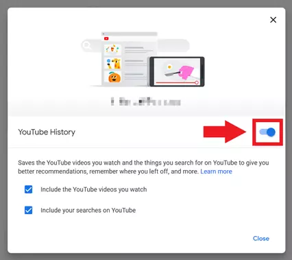 Imagen: Opción para (des)activar el historial de YouTube