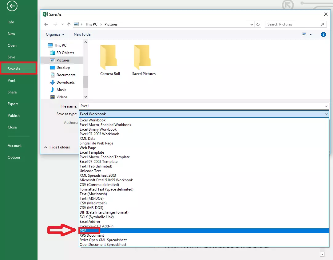 Menú de MS Excel “Guardar como tipo” y selección del tipo de archivo