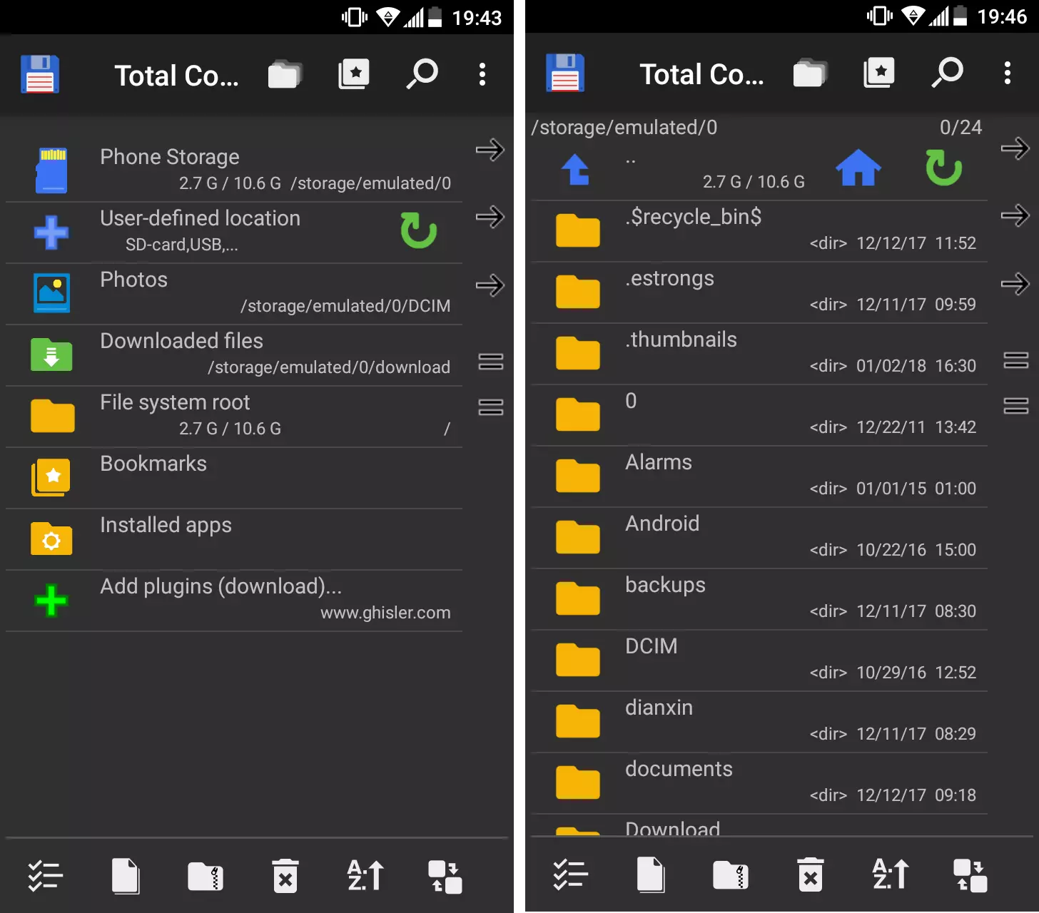 Imagen: Gestor de archivos para Android Total Commander: menú de inicio y visualización de dos paneles virtuales