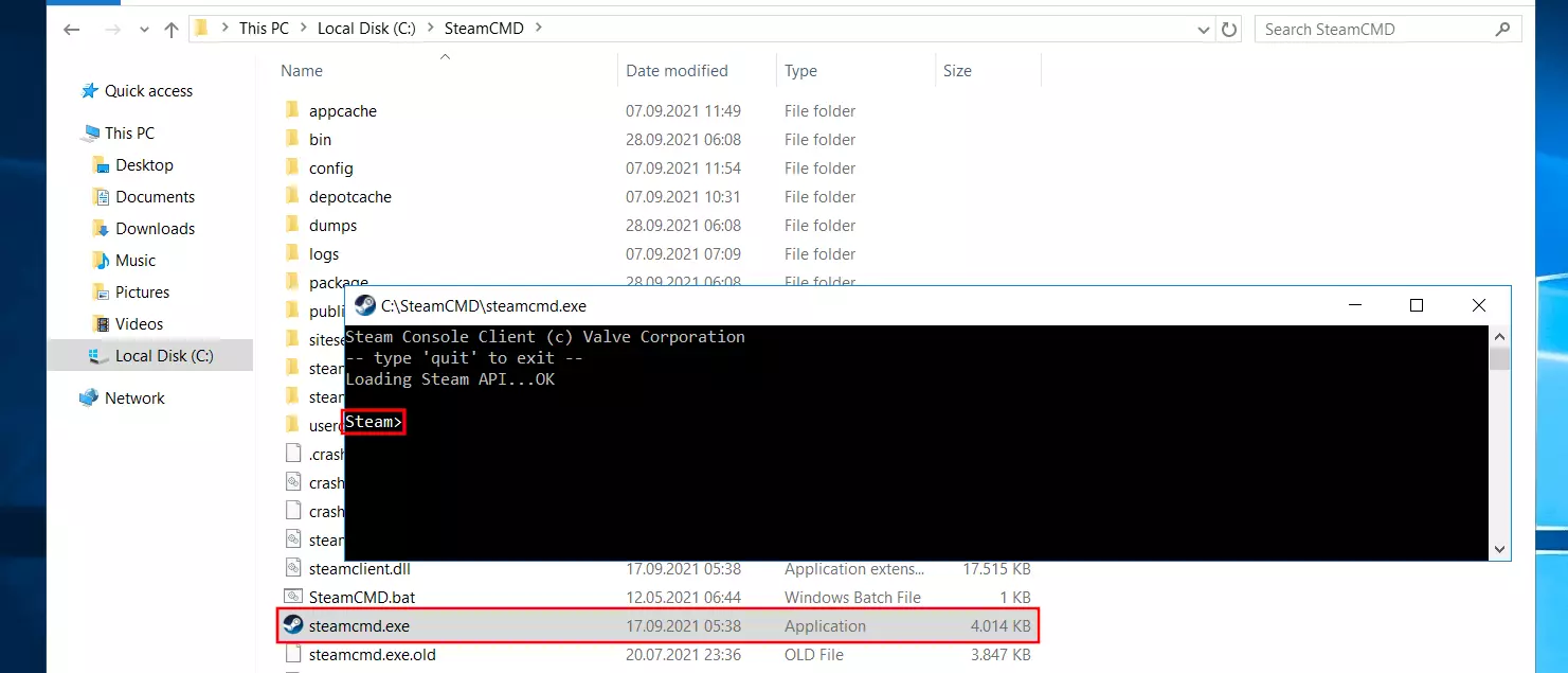 SteamCMD en el símbolo del sistema de Windows Imagen: SteamCMD en el símbolo del sistema de Windows