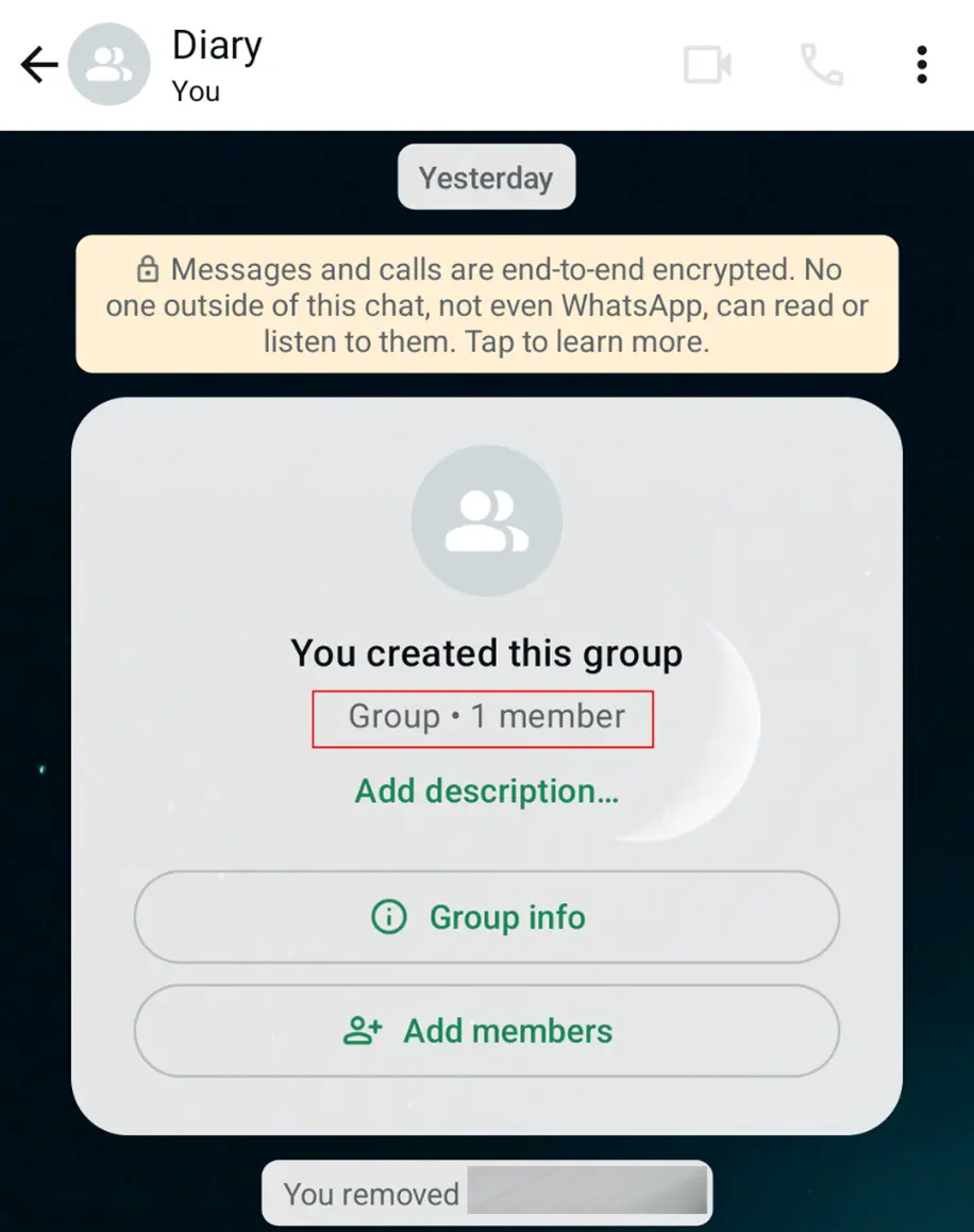 Imagen: Captura de pantalla en Android de un chat diario creado por el usuario en WhatsApp