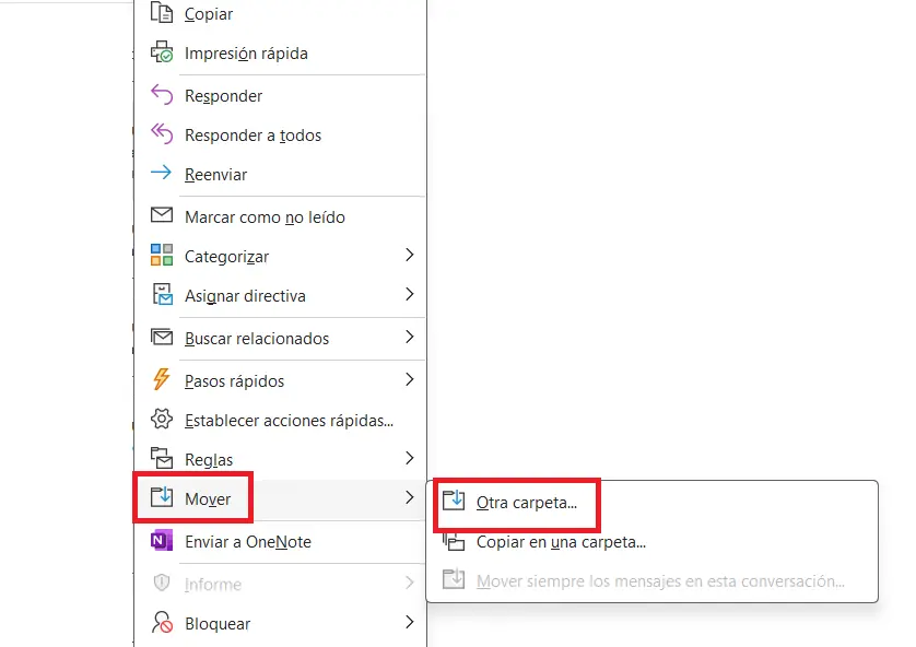 Menú contextual de un correo eliminado en Outlook Imagen: Menú contextual de un correo eliminado en Outlook