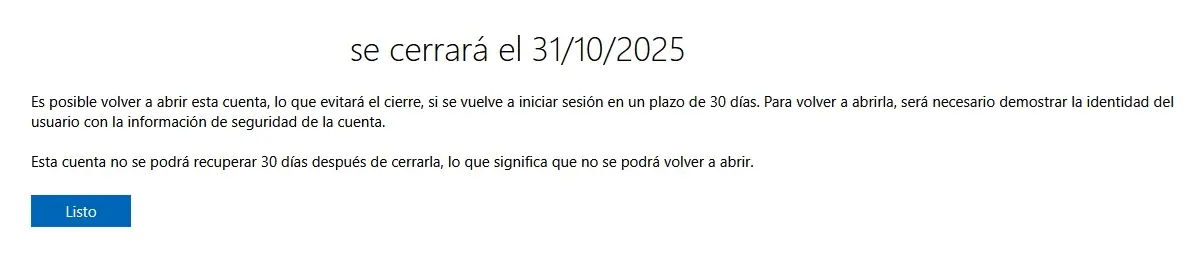 Confirmación del cierre de cuenta Imagen: Confirmación del cierre de cuenta