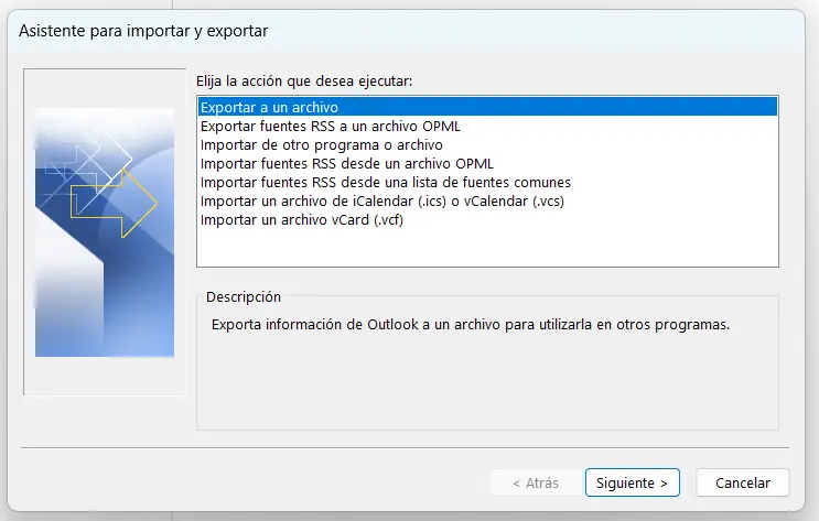 Asistente para importar y exportar de Outlook 365 Imagen: Asistente para importar y exportar de Outlook 365