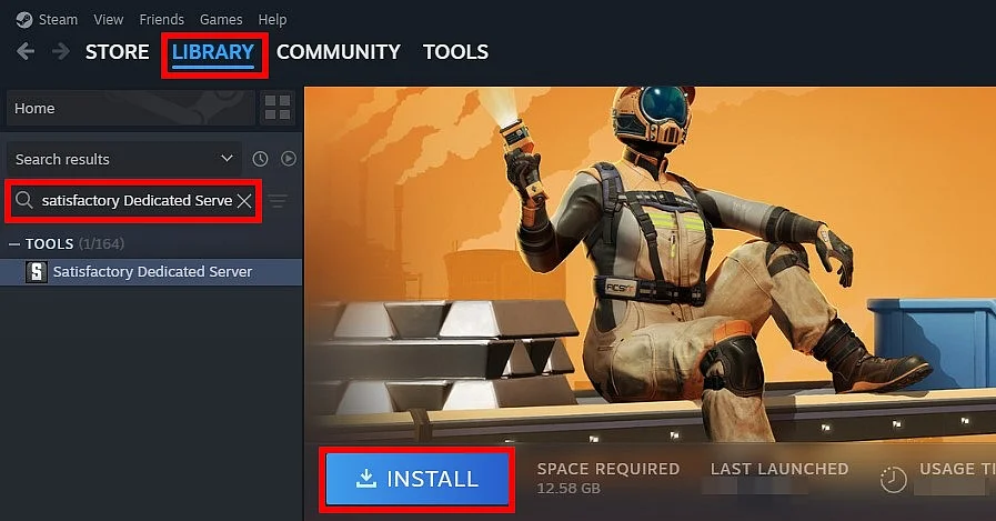 Cliente de Steam: instalación del servidor dedicado de Satisfactory Imagen: Cliente de Steam: instalación del servidor dedicado de Satisfactory