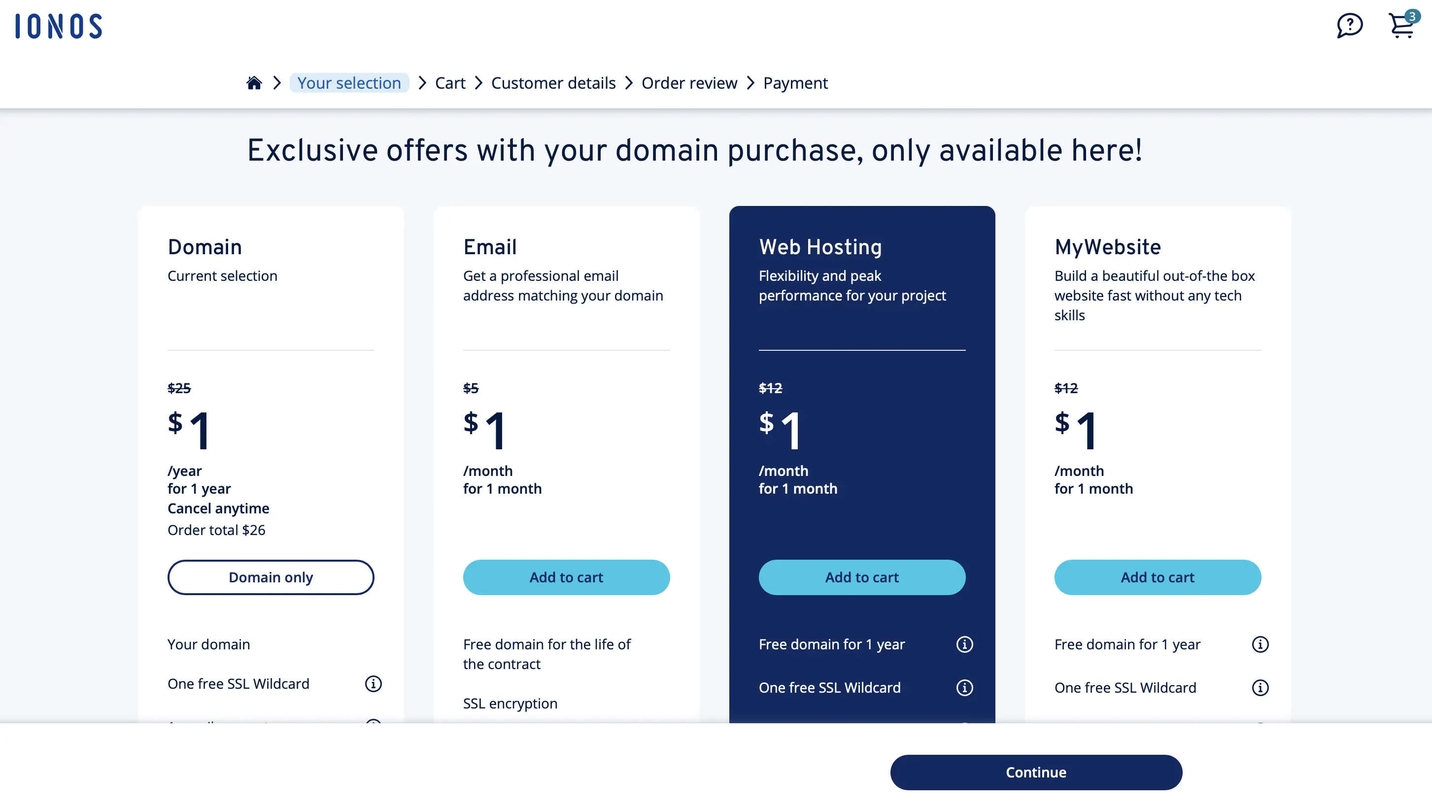 Imagen: Captura de pantalla de la selección de productos en IONOS