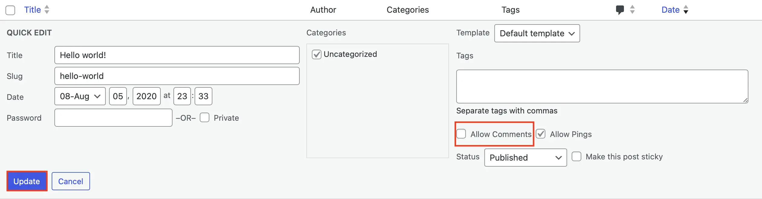 Campo de edición rápida en el área de “Entradas” con opción de configuración “Permitir comentarios” Imagen: Campo de edición rápida en el área de “Entradas” con opción de configuración “Permitir comentarios”