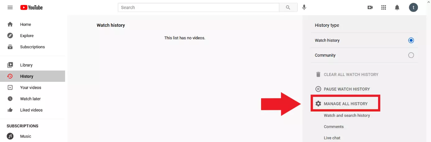 Imagen: Ajustes de YouTube: “Gestionar todo el historial”