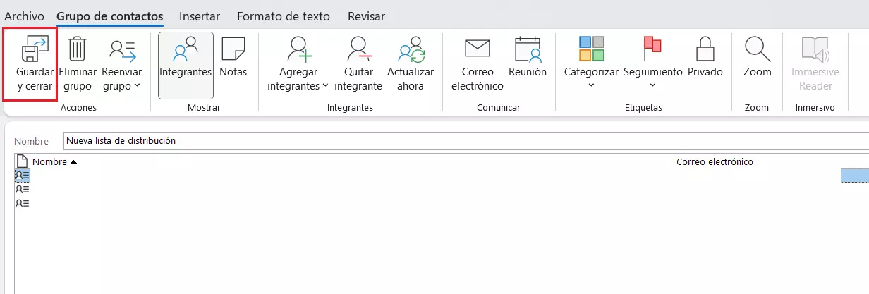 Guardar la lista de distribución creada en Outlook Guardar la lista de distribución creada en Outlook