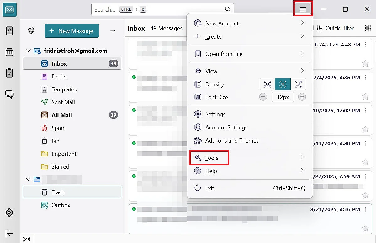 Imagen: Configurar respuesta automática en Thunderbird: menú “Herramientas”
