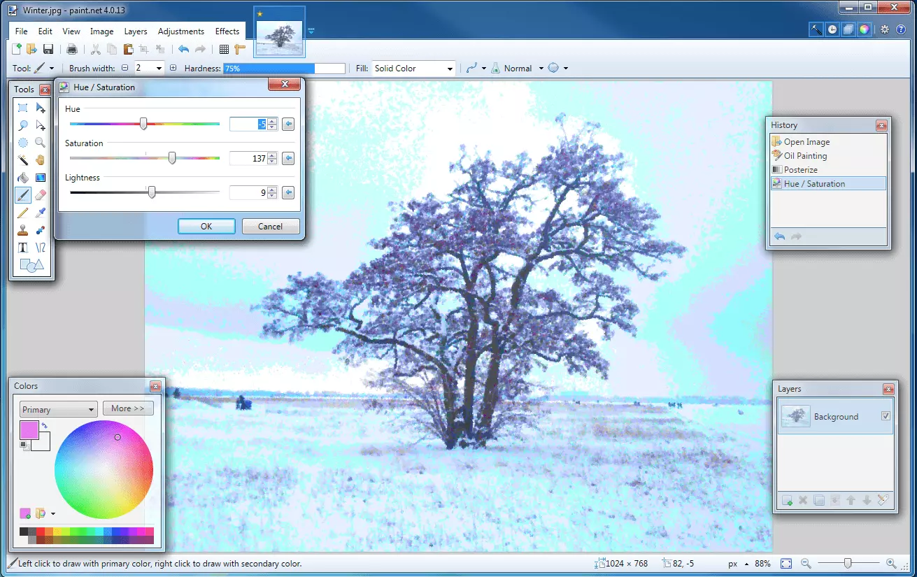 Imagen: Captura de pantalla de la interfaz de Paint.NET con la ventana para ajustar la saturación