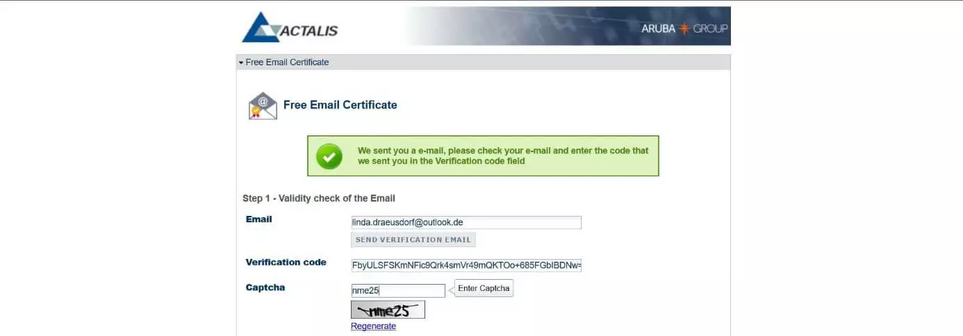 Imagen: Formulario Actalis “Free Secure Email Certificatesˮ