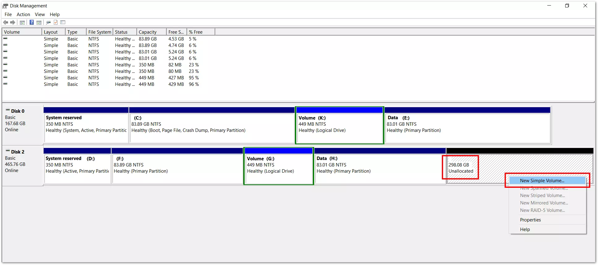 Imagen: Administración de discos en Windows 10: ventana para crear un volumen simple