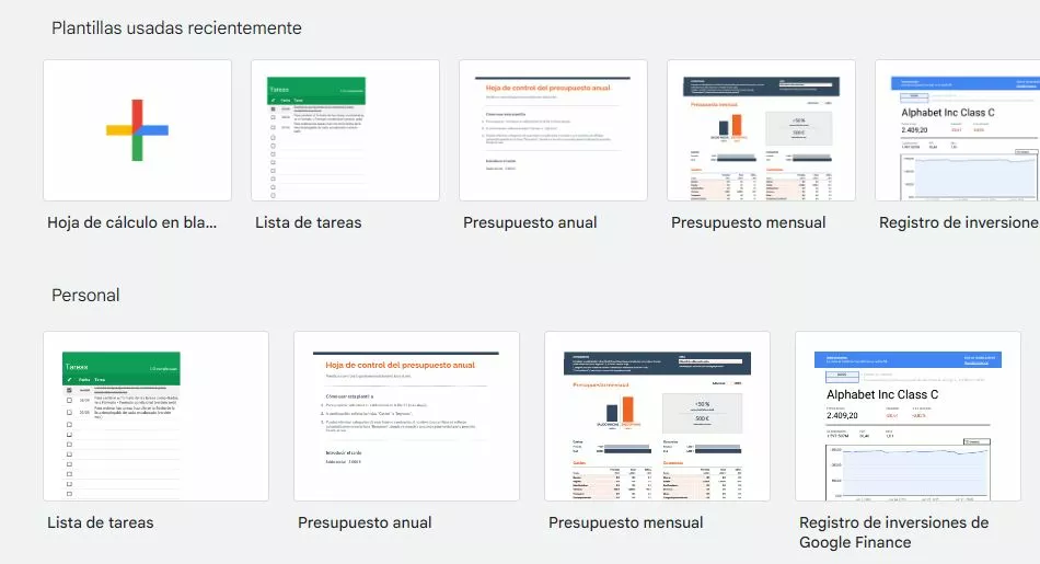 Captura de pantalla de las plantillas de Google Sheets Captura de pantalla de las plantillas de Google Sheets