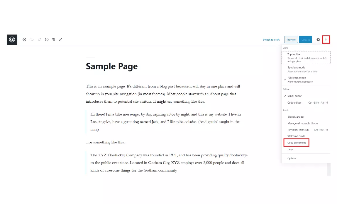 Imagen: Backend de WordPress: “Copiar todo el contenido” con el editor Gutenberg 
