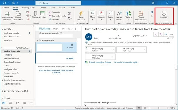 Imagen: Cinta de opciones de Outlook con el comando “Imprimir”