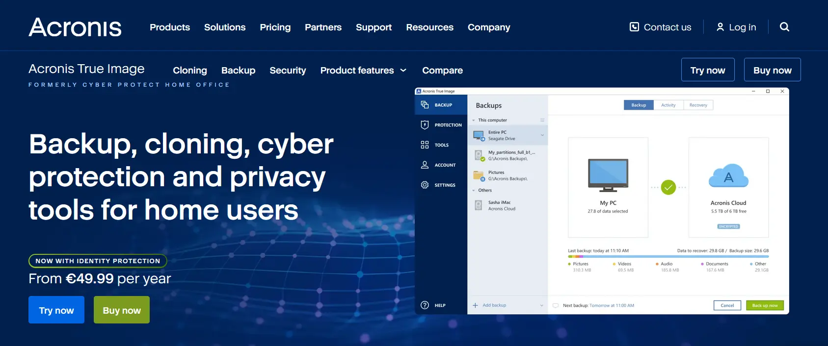 Captura de pantalla de la página principal de Acronis en la que se presenta el software Imagen: Captura de pantalla de la página principal de Acronis en la que se presenta el software