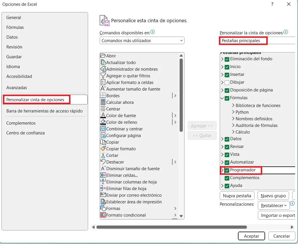 Imagen: Excel: añadir pestaña Desarrollador