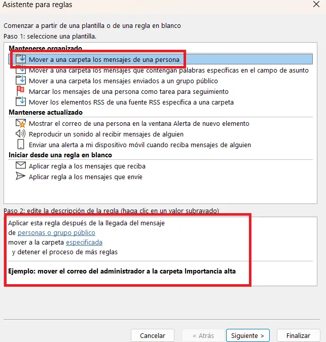 Imagen: Asistente para reglas de Outlook: selección de una plantilla de reglas