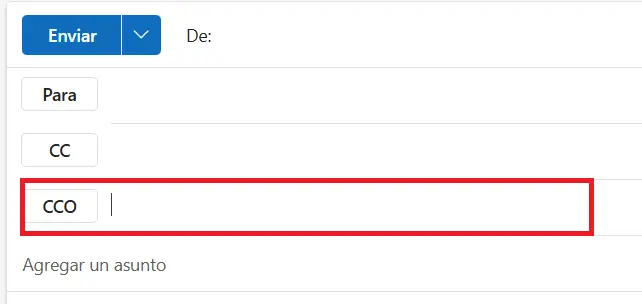 Imagen: Outlook online: interfaz de usuario con el campo CCO activado