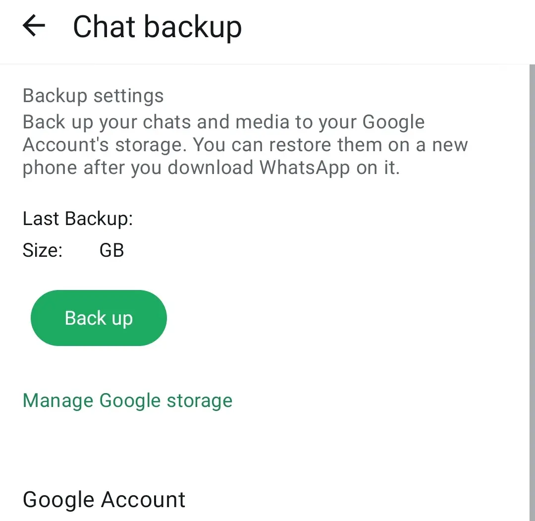 Imagen: Captura de pantalla de Android del menú de copia de seguridad en WhatsApp