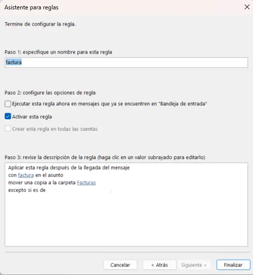 Imagen: Asistente para reglas de Outlook: opciones de denominación y reglas