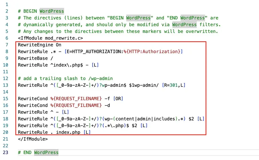 Nuevo archivo .htaccess con el código sustituido del backend de WordPress Imagen: Nuevo archivo .htaccess con el código sustituido del backend de WordPress