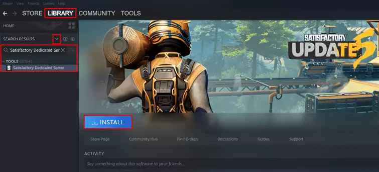 Imagen: Cliente de Steam: instalar el software del servidor dedicado de Satisfactory