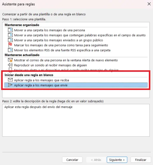 Imagen: Asistente para reglas de Outlook: selección una regla