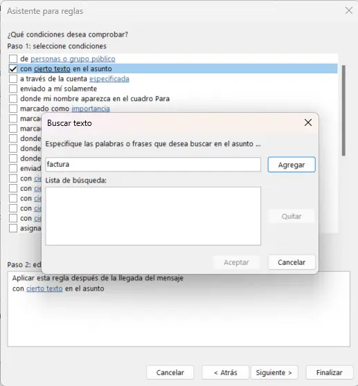 Imagen: Asistente para reglas en Outlook: edición de la condición de la regla
