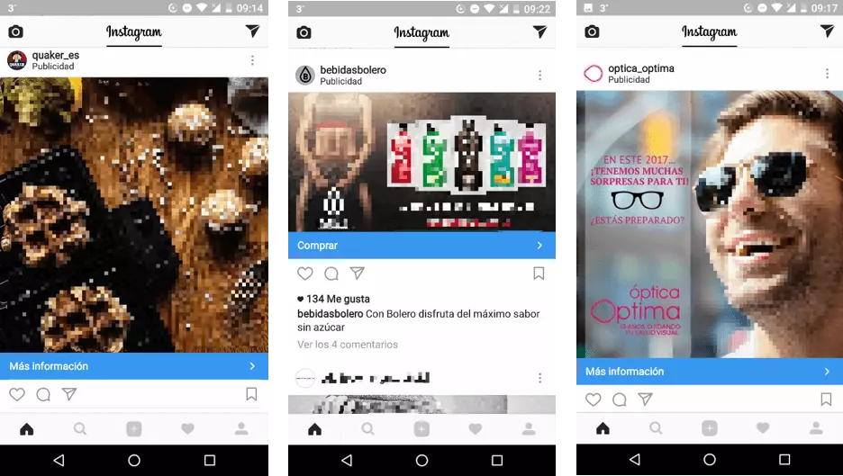 Anuncio de la empresa de avena y cereales Quaker, de bebidas Bolero y de Óptica Óptimo en Instagram