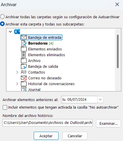 Imagen: Microsoft Outlook: cuadro de diálogo “Archivar”