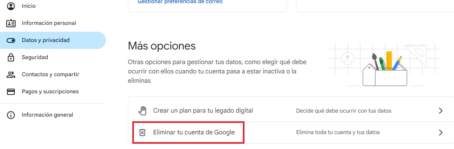 Eliminar tu cuenta de Google en el menú de Google Imagen: Eliminar tu cuenta de Google en el menú de Google