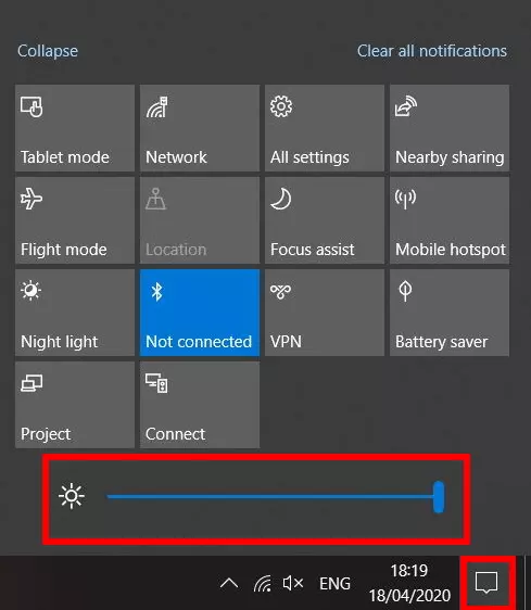 Imagen: Centro de información de Windows 10: ajustar el brillo de la pantalla