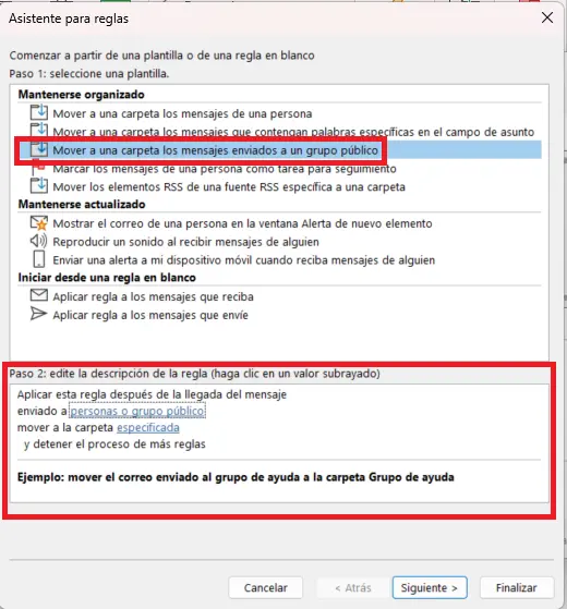 Imagen: Asistente para reglas en Outlook: selección de plantilla de reglas