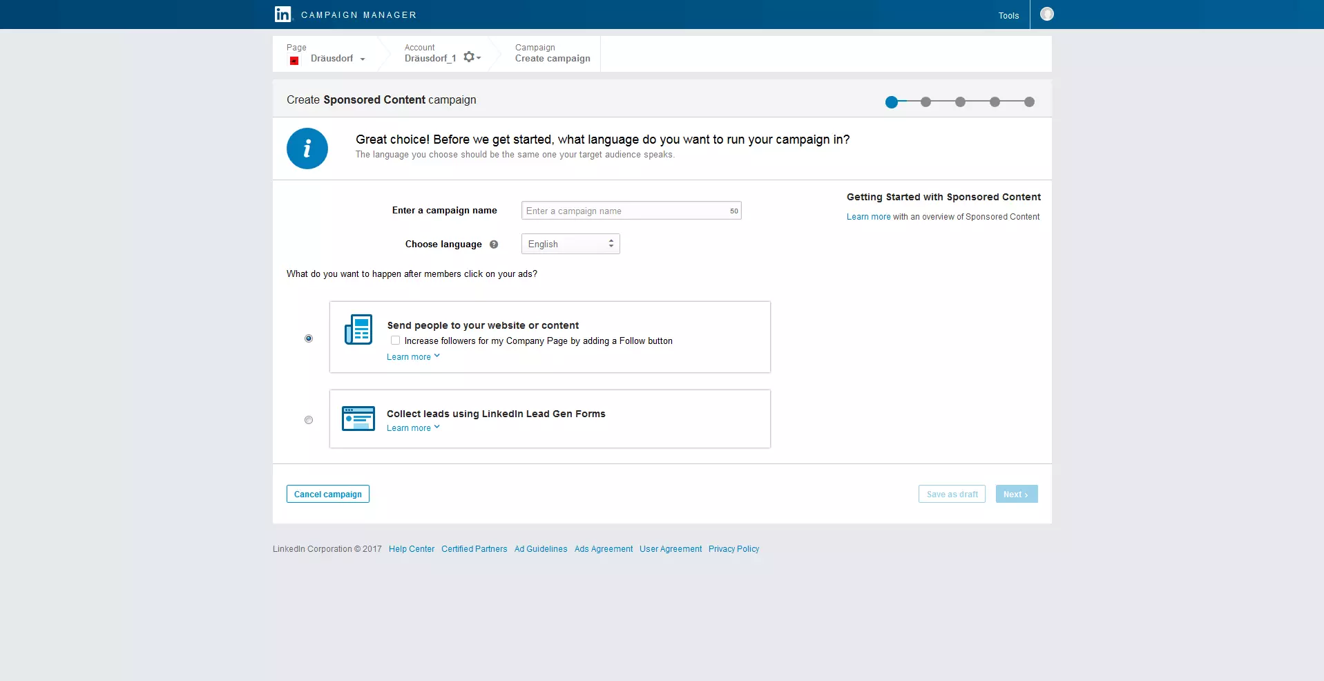 Imagen: Menú para crear una campaña de contenido patrocinado en LinkedIn